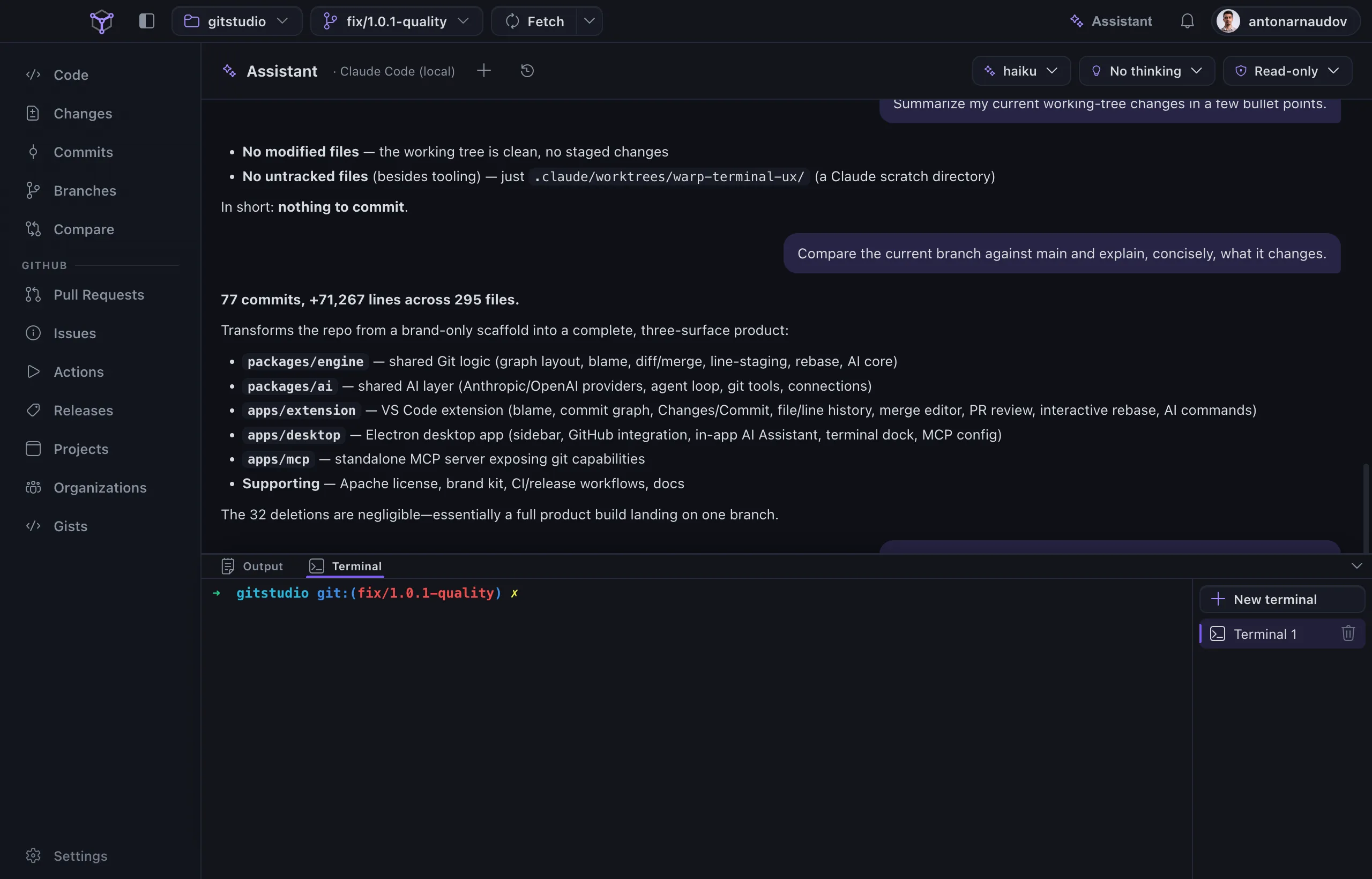 The assistant in GitStudio Desktop summarizing working-tree changes in a read-only session, running a local model