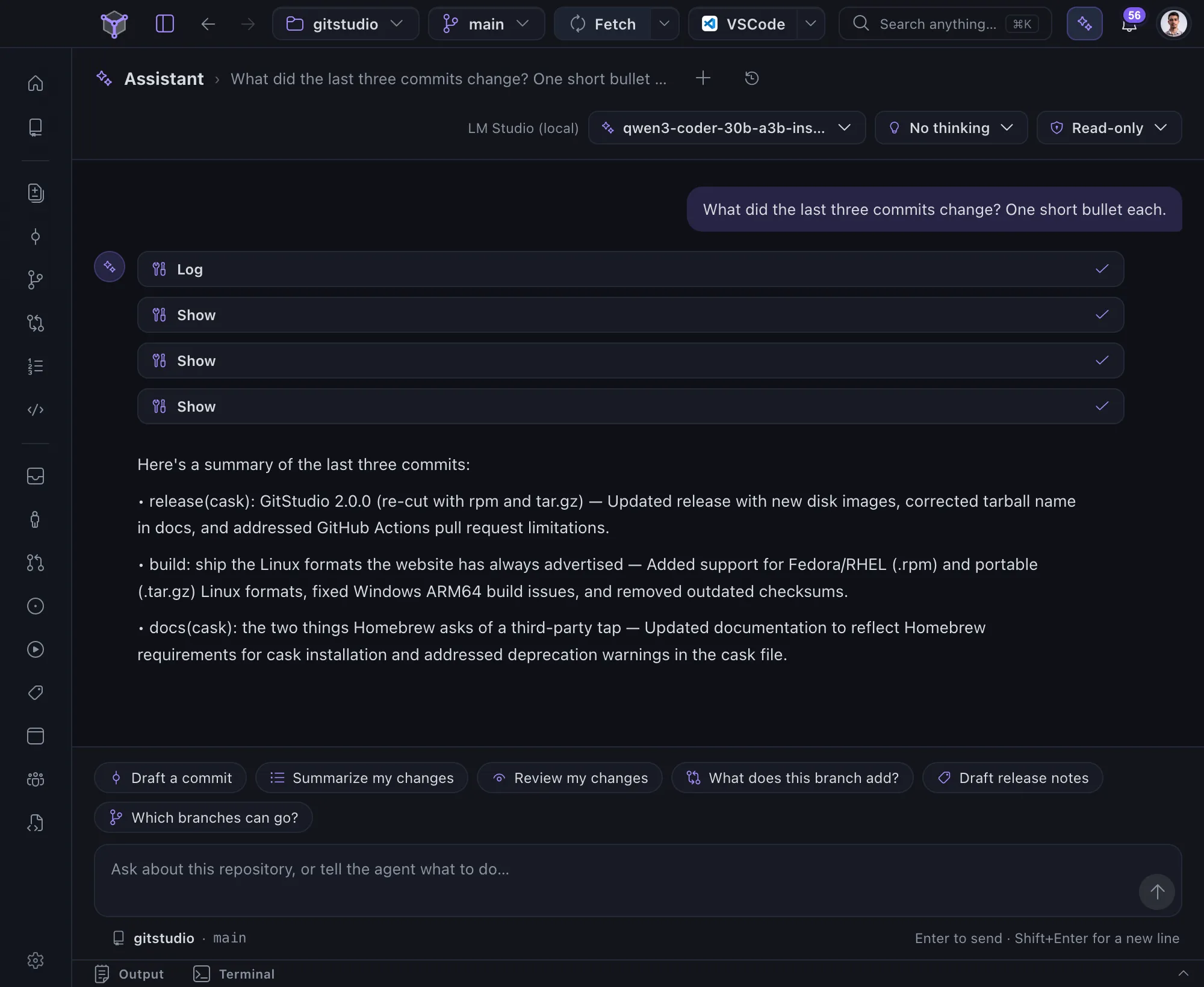 The assistant in GitStudio Desktop answering 'What did the last three commits change?' on the gitstudio repository: the git log and git show calls it made, then one bullet per commit, with the session set to Read-only and a Qwen3-Coder model from LM Studio