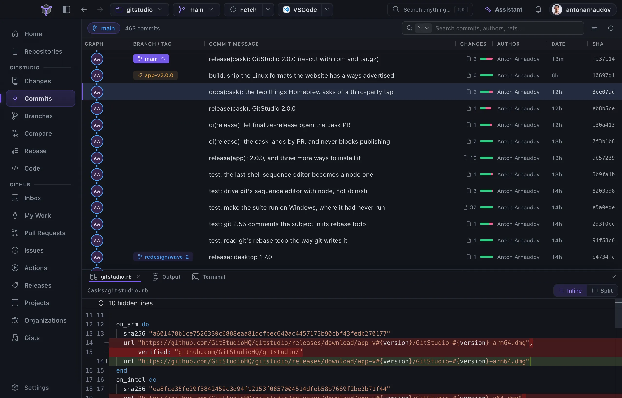 GitStudio Desktop on its own repository: the Commits view with the commit graph, main and the app-v2.0.0 tag as chips, and change, author, date and SHA columns, with a file from the selected commit open as a diff in the panel at the bottom