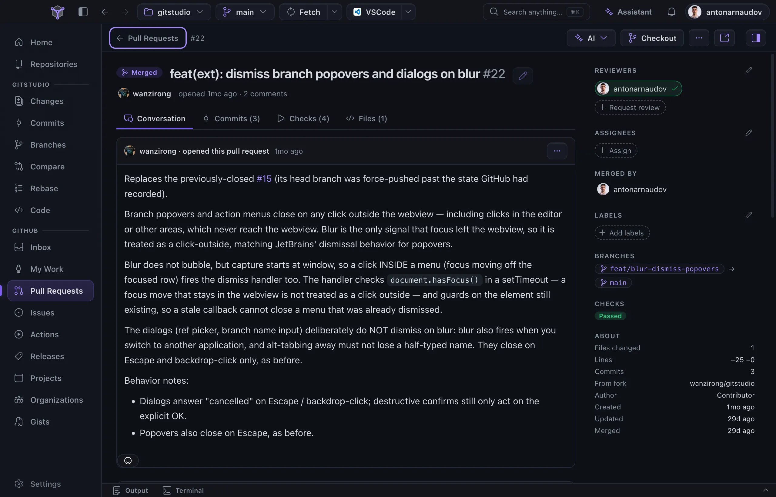 Pull request #22 open as a full page in GitStudio Desktop: a Merged pill, the title, the rendered description, tabs for conversation, commits, checks and files, and a rail with the approving reviewer, who merged it, the branches, passing checks, and the size of the change