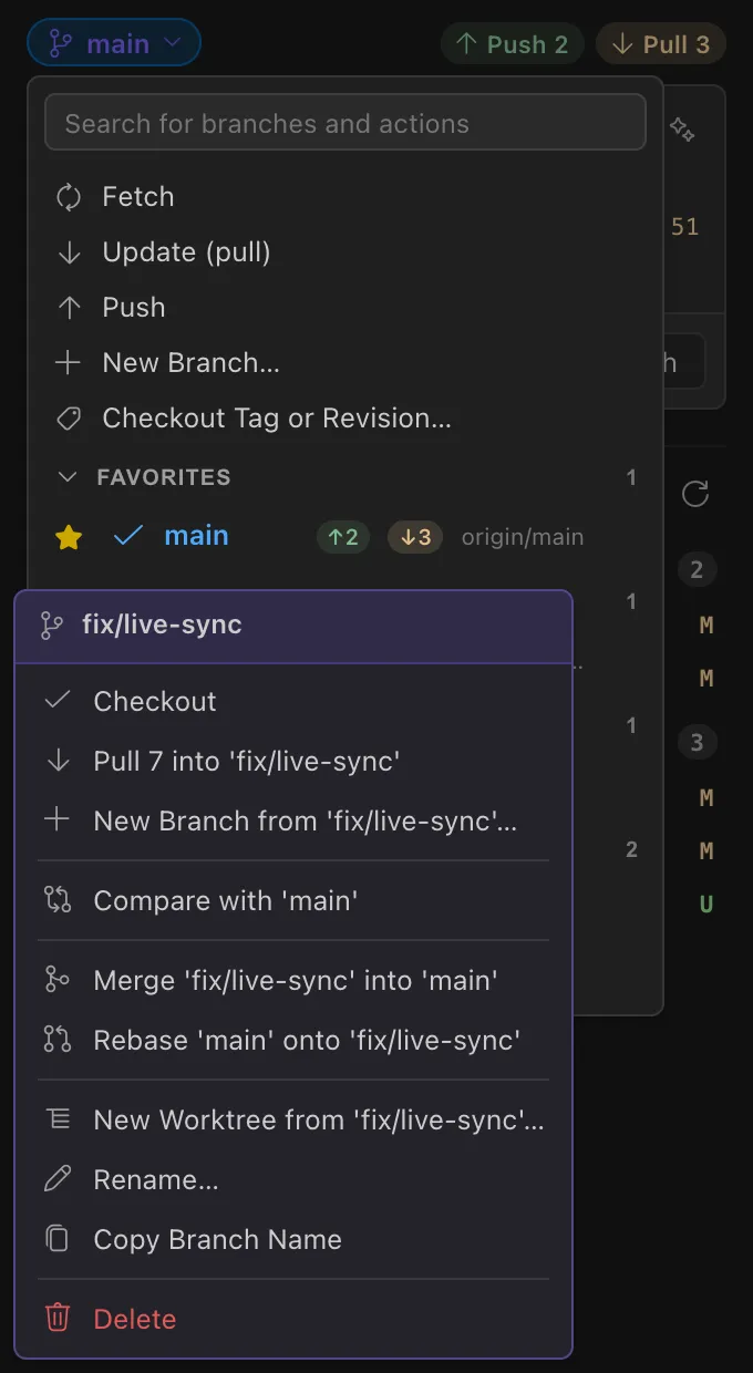 The branch dialog: per-branch ahead/behind badges, in-place fetch, pull without checkout