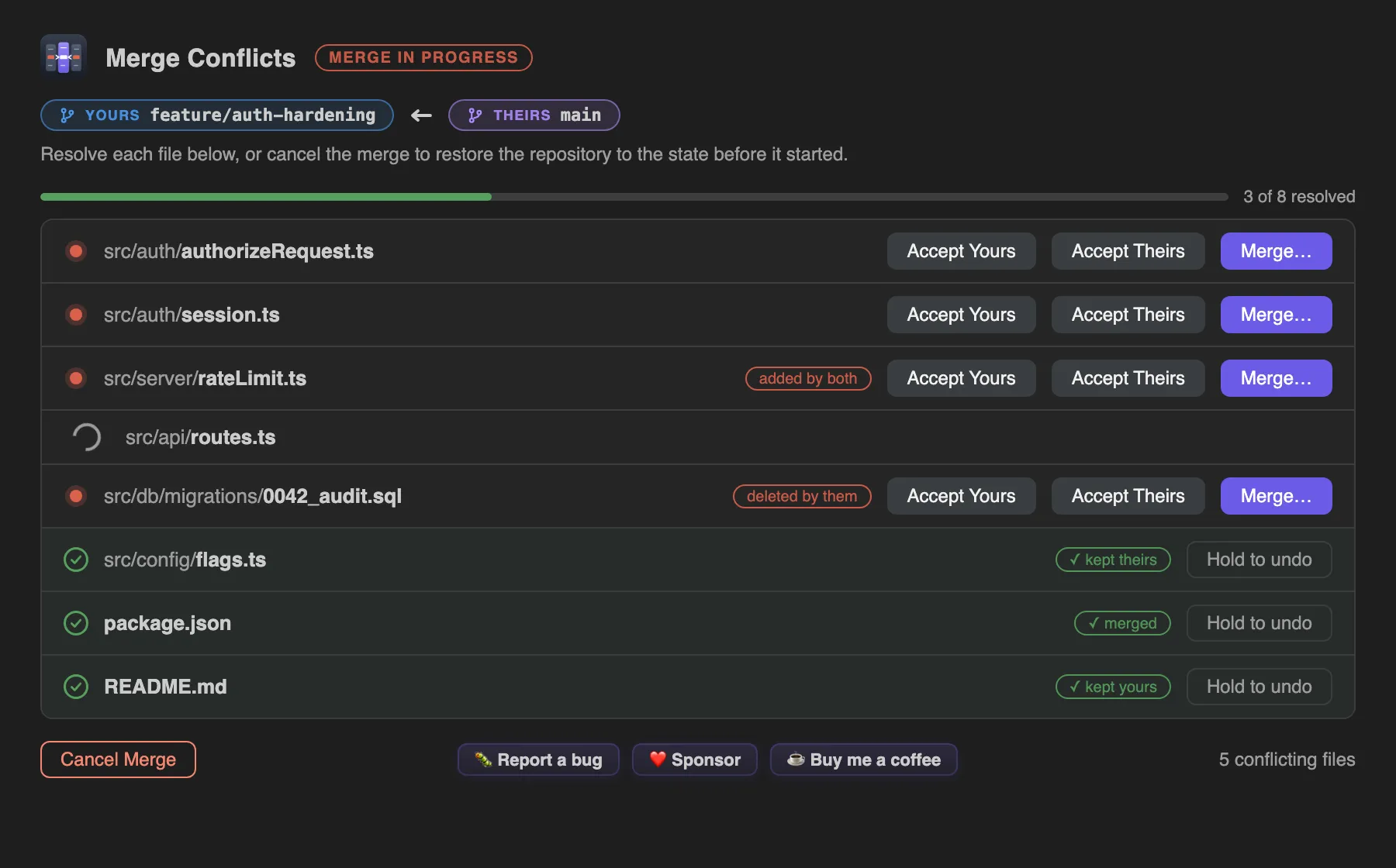 Merge Studio's conflicts dialog listing every conflicted file with per-file resolve actions