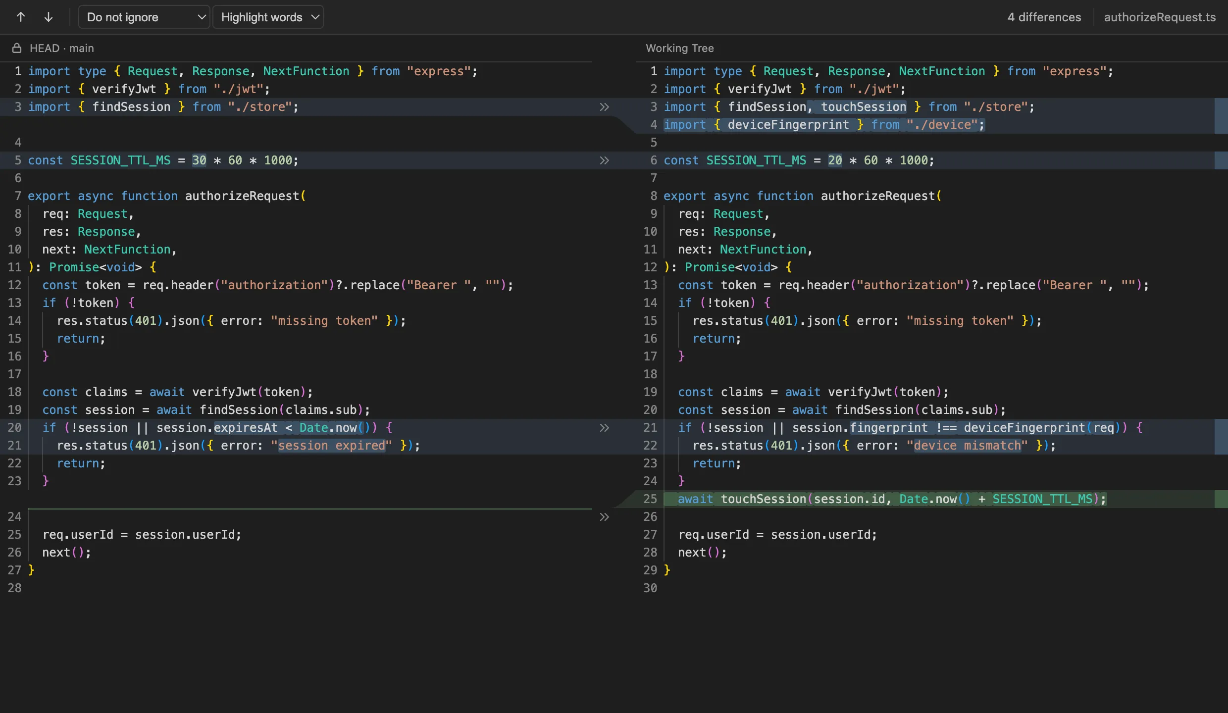 Merge Studio's side-by-side diff with intra-line word highlighting