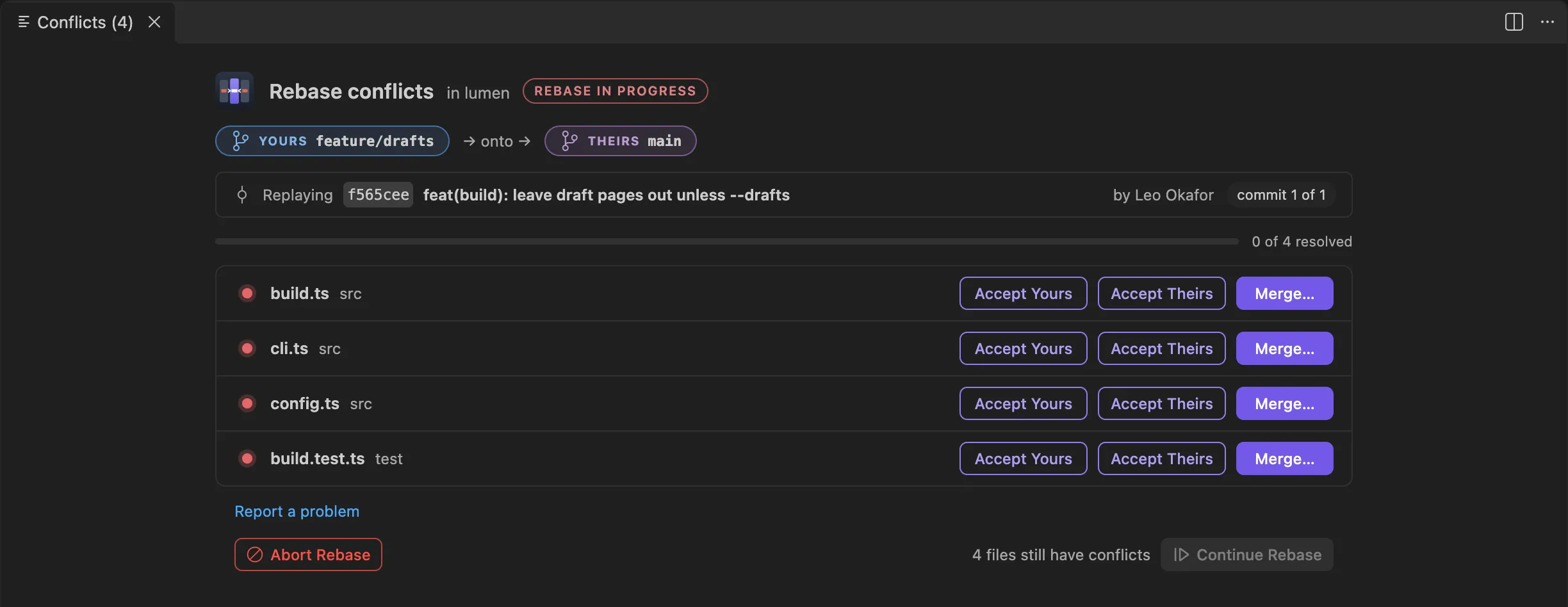 Merge Studio's conflicts dashboard in VS Code mid-rebase in the lumen project: yours (feature/drafts) onto theirs (main), the commit being replayed, four conflicted files each with Accept Yours, Accept Theirs and Merge, Abort Rebase, and Continue Rebase waiting until all four are resolved