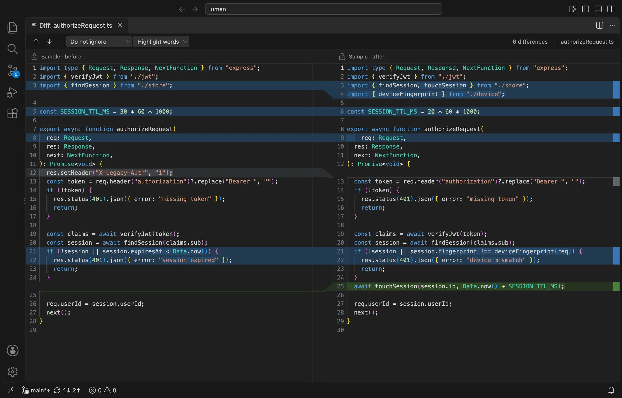 Merge Studio's side-by-side diff in VS Code comparing two versions of a file