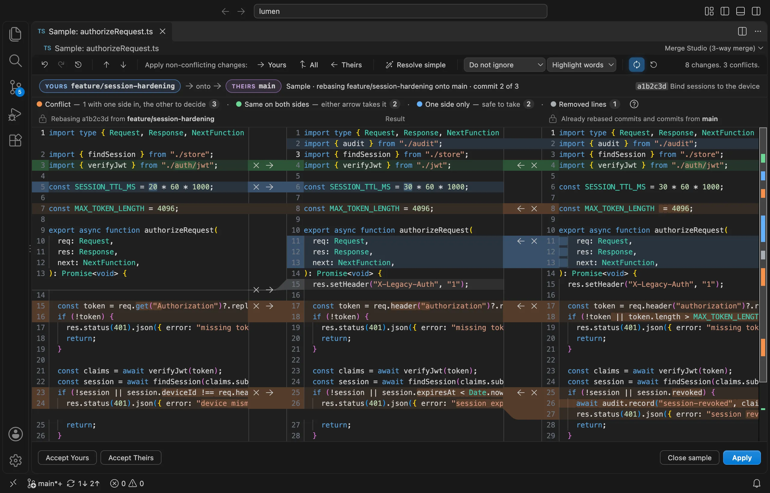Merge Studio's three-way merge editor in VS Code on its sample conflict: yours, the result and theirs side by side